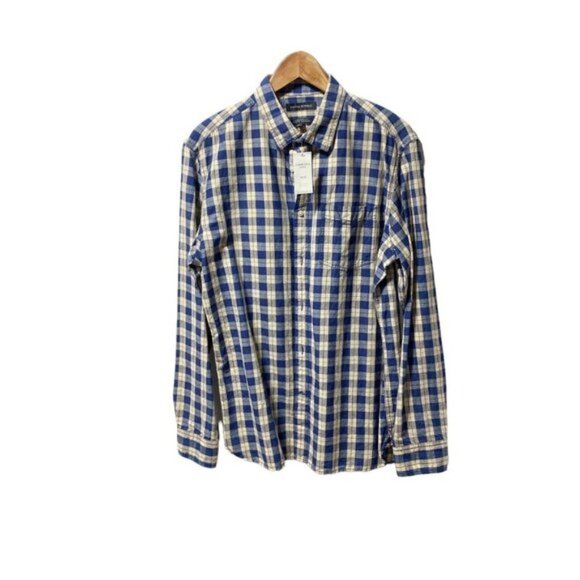 Banana Republic Men's Untucked Button Down Shirt Blue Check Plaid - Picture 3 of 5